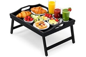 Bamboo Breakfast Tray Table with Folding Legs for Bed Table Sofa - Eating & Laptop Tray Bamboo with Folding Legs (Black)