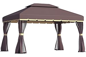 Outsunny 10' x 13' Patio Gazebo, Aluminum Frame Double Roof Outdoor Gazebo Canopy Shelter with Netting & Curtains, for Garden