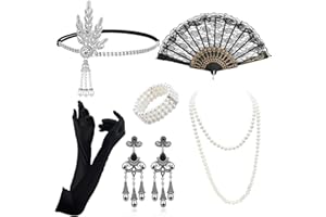 VEGCOO 1920s Flapper Great Gatsby Accessories Set with Vintage Headband Handheld Prop Long Gloves Bracelet Necklace Earrings