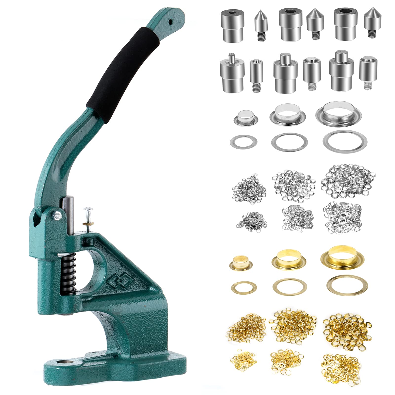 Dyna-Living Grommet Press Kit Eyelet Punch Kit Handheld Hole Punch Machine Heavy Duty Eyelet Hand Press Grommet Machine Manual Puncher with 3 Dies and 1500pcs Golden and Silver Grommets 6/10/12mm