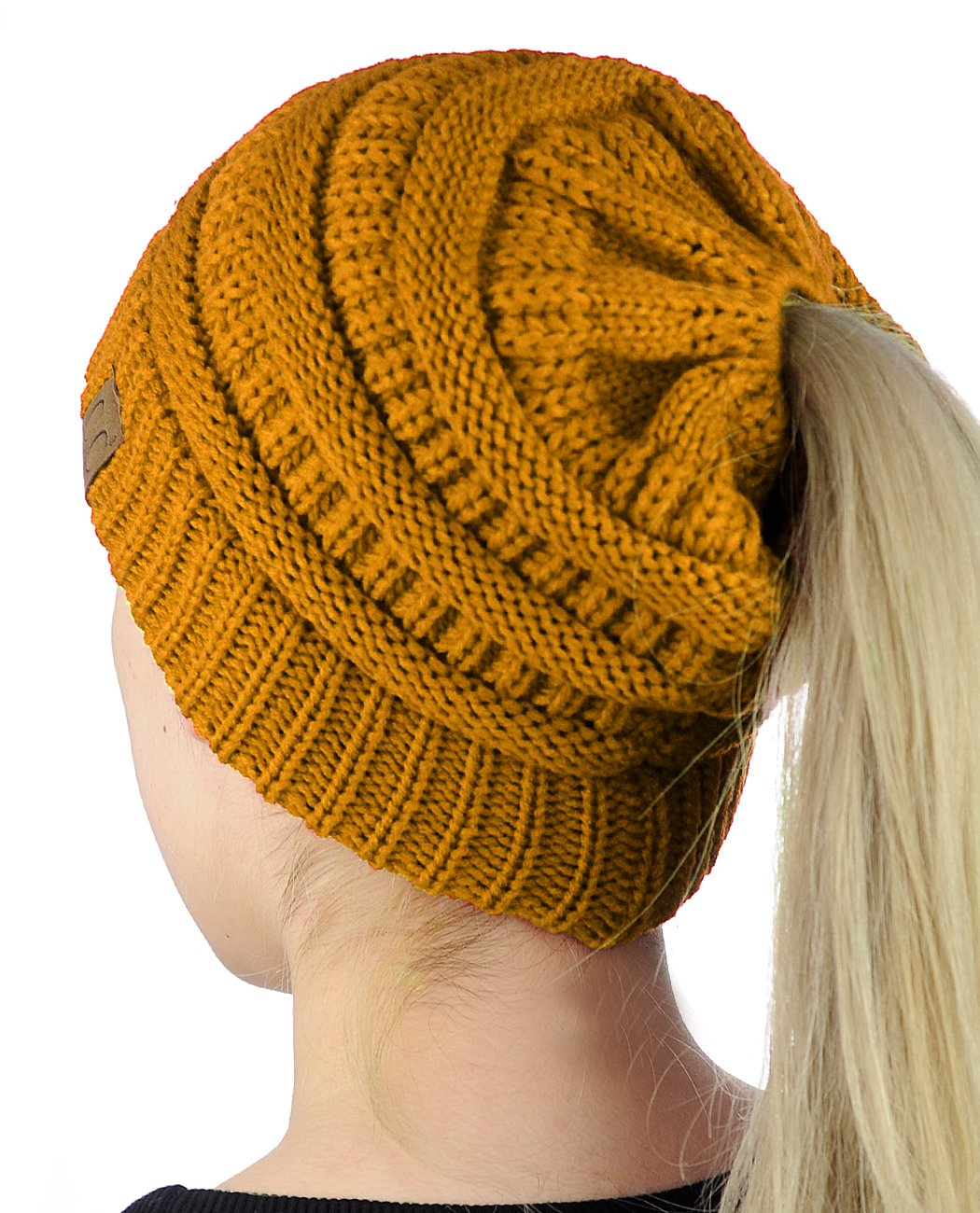 C.C BeanieTail Soft Stretch Cable Knit Messy High