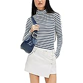 Megfie Womens Turtleneck Long Sleeve Shirt Slim Fit Stretch Striped Blouses Basic Tops Outfits 2024