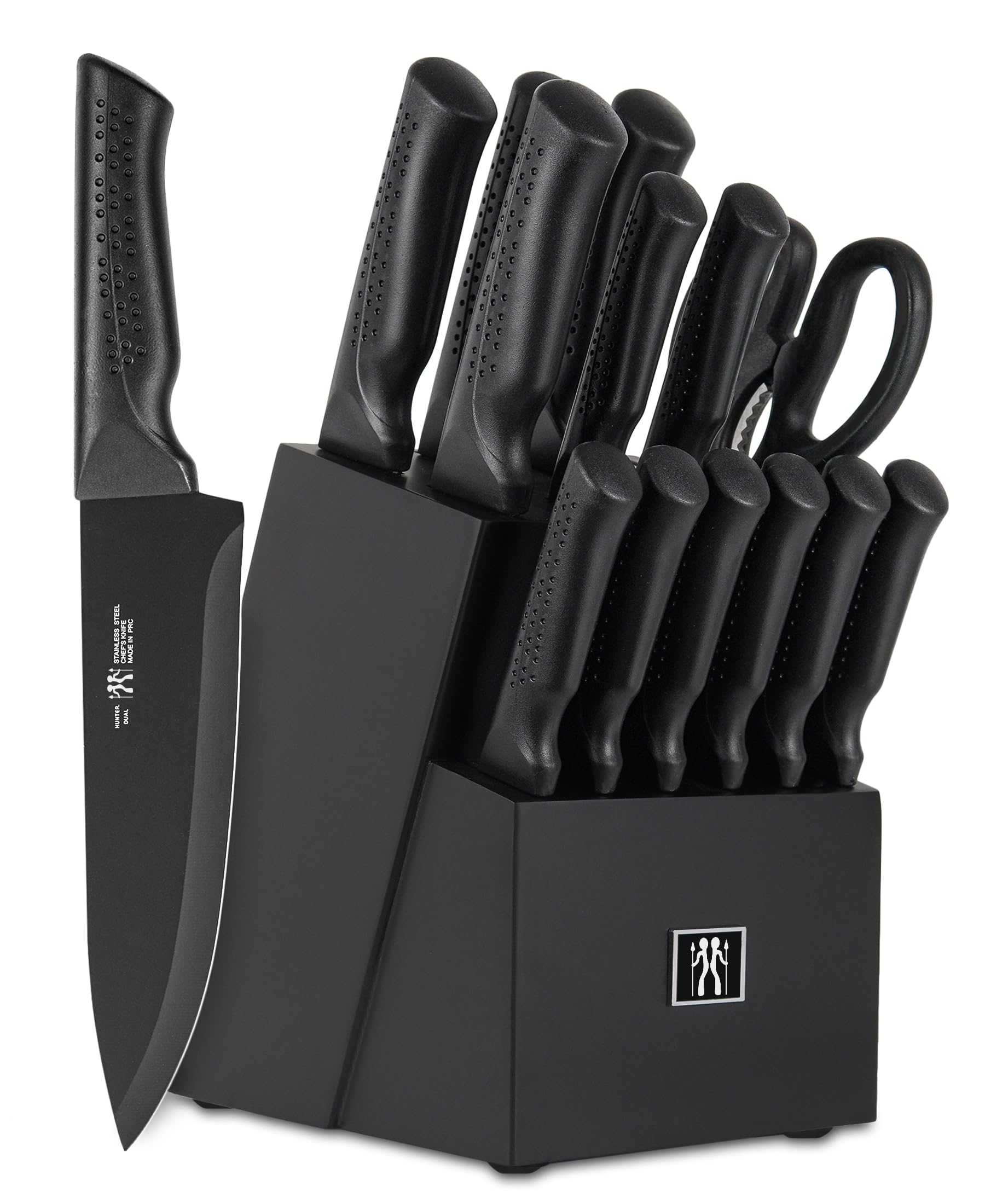 Photo 1 of Knife Set, 15 Pcs Kitchen Knife Set with Block Self Sharpening, Dishwasher Safe, 6 Steak Knives, Anti-slip handle, Black