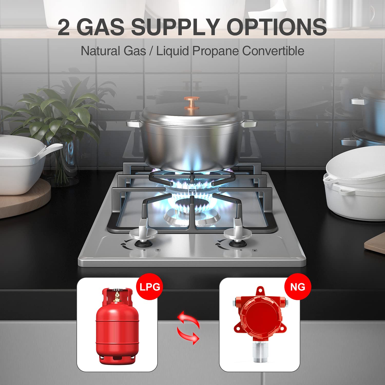 12 Inch 2-Burner Gas Stove: Portable Stainless Steel Propane Cooktop for RV, Apartments & Outdoor – Dual Fuel LPG/NG, Easy to Clean Built-in Gas Cooktop