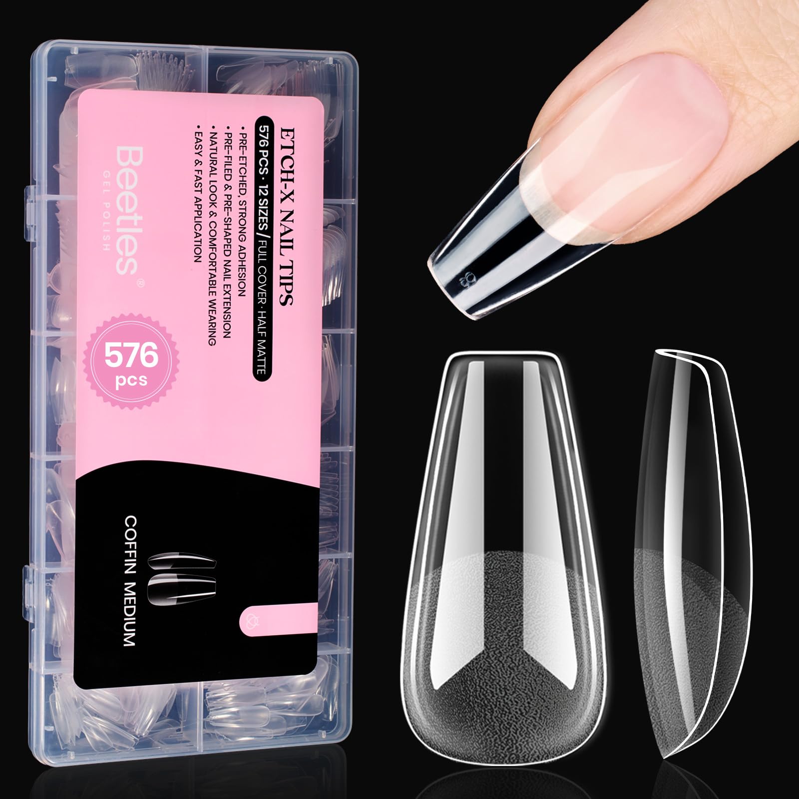 Beetles Gel Nail Tips Medium Coffin 576PCS Etch X Nail Tips, 12 Sizes Pre Shaped Half Matte Press On Nails Full Cover False Nails Acrylic Nails Glue on Nails Extensions Set for Women Home DIY