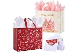 YANGTE 13" Large Christmas Gift Bags 2 Pack with Tissue Paper & Greeting Cards, Reusable Non-Woven Christmas Bags with Handles (Red and Pink) for Gift Wrapping, Holiday 12.8"×10.1"×6.1"