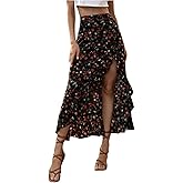 WDIRARA Women's Boho Floral Print Ruffle Maxi Skirt High Waisted Split Long Skirts