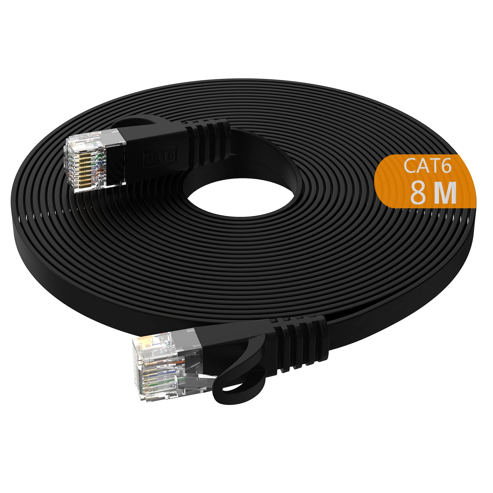 Lovicool Cat6 Ethernet Cable 8m,High-Speed Patch Cable RJ45 Connector,CAT 6 Lan Network Cords Flat Design 250Mhz/s UTP for Console, PS3, PS4, PS5, Switch, Router, Modem, Patch Panel, PC, TV-Black