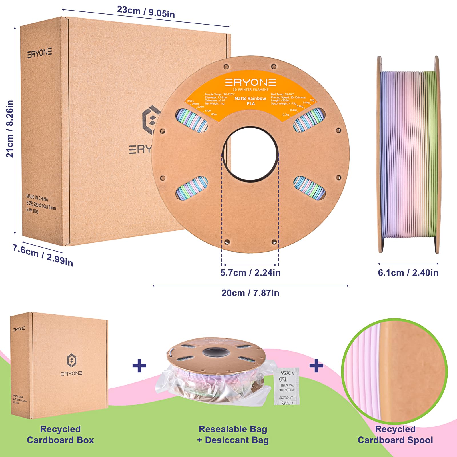 ERYONE Matte PLA 3D Drucker Filament 1.75mm,Multicolor Matte Rainbow PLA Filame, Maßgenauigkeit +/- 0.03 mm, 1 kg 1 Spule, Matter Rainbow Watercolor 6