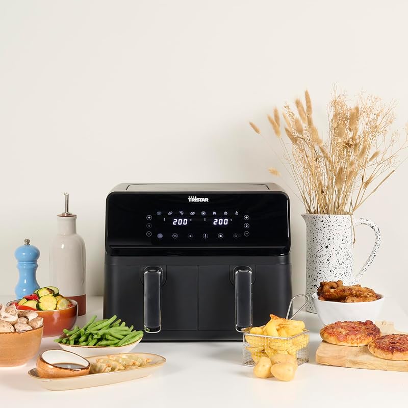 digitale Heißluftfritteuse mit Doppelkorb - 2 x 4 L Fassungsvermögen - 2700 W - 8 Programme - Temperatur pro Korb einstellbar, Blacks, FR-9026, Schwarz