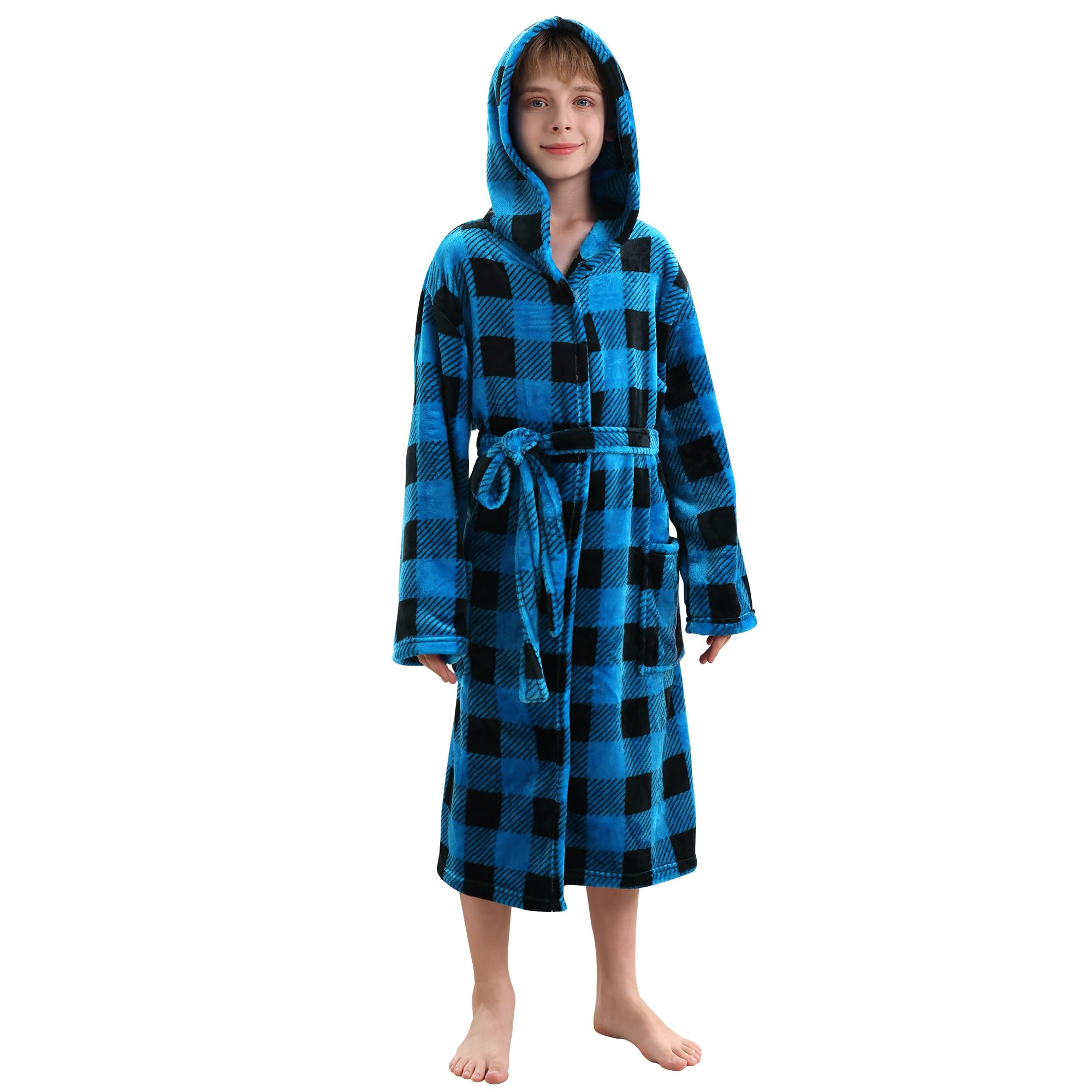 Photo 1 of V.&GRIN Boys Fleece Robe, Hooded Plush Soft Fuzzy Bathrobe for Kids 3-14 Years?Blue Plaid 5-6