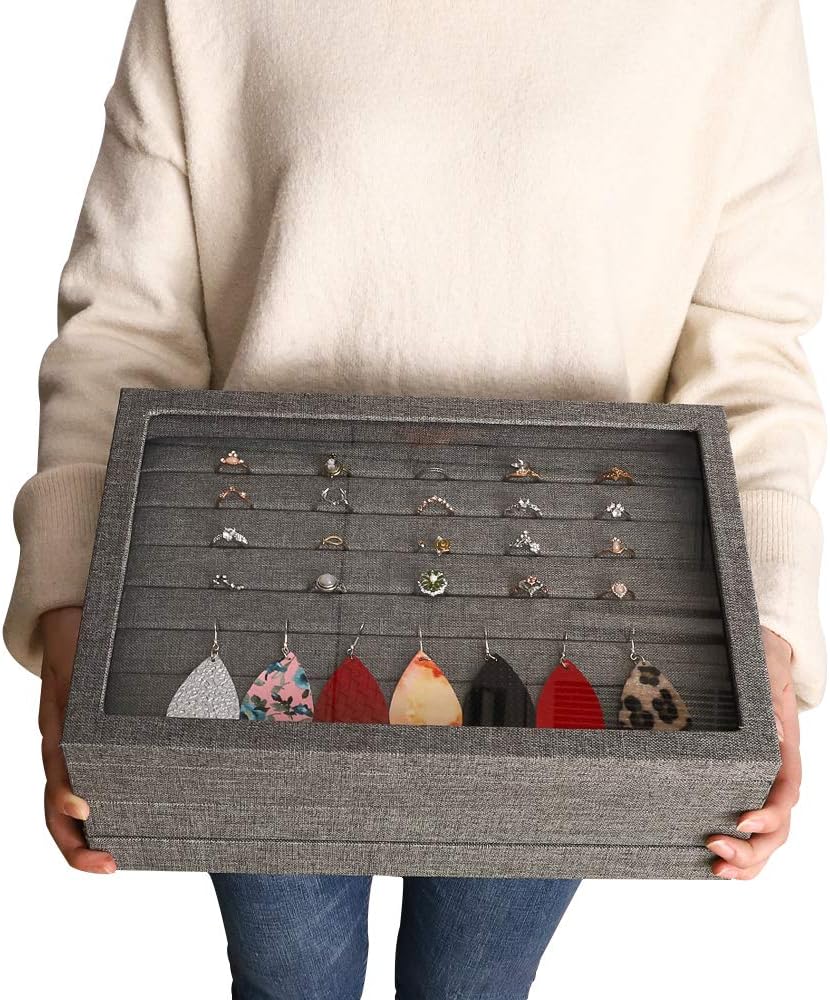 Mebbay Sackcloth Stackable Jewelry Trays Organizer Set with Clear Lid, Jewelry Storage Display Trays for Drawer, Earring Necklace Bracelet Ring Organizer - Set of 4 (Grey-Black): Home & Kitchen