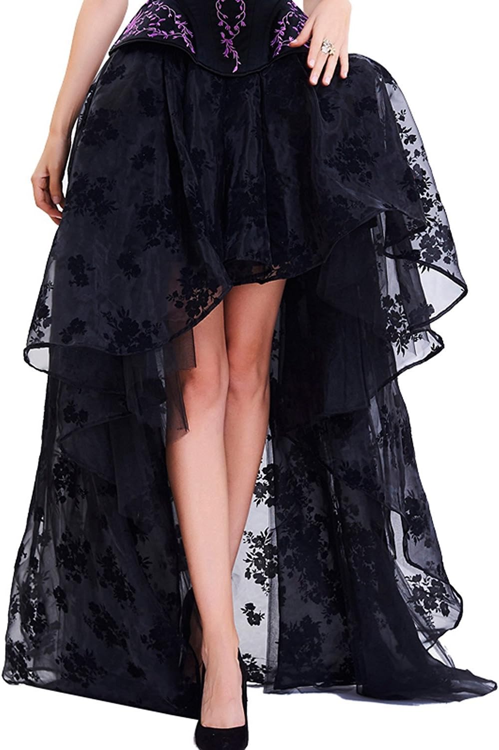Hibbers Womens Sexy Flower Long Lace Skirt Victoria Gothic Elastic Pleated Waist Cocktail Dovetail Party