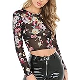 KACAOAC Women's Long Sleeve Checkered Print Sexy See Through Sheer Mesh Crop Top Tee T Shirts