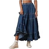 YEXPINE Women's Swing Chambray Maxi Skirt Elastic Waist Pleated Tiered Flowy Long Skirts Retro Denim Skirt