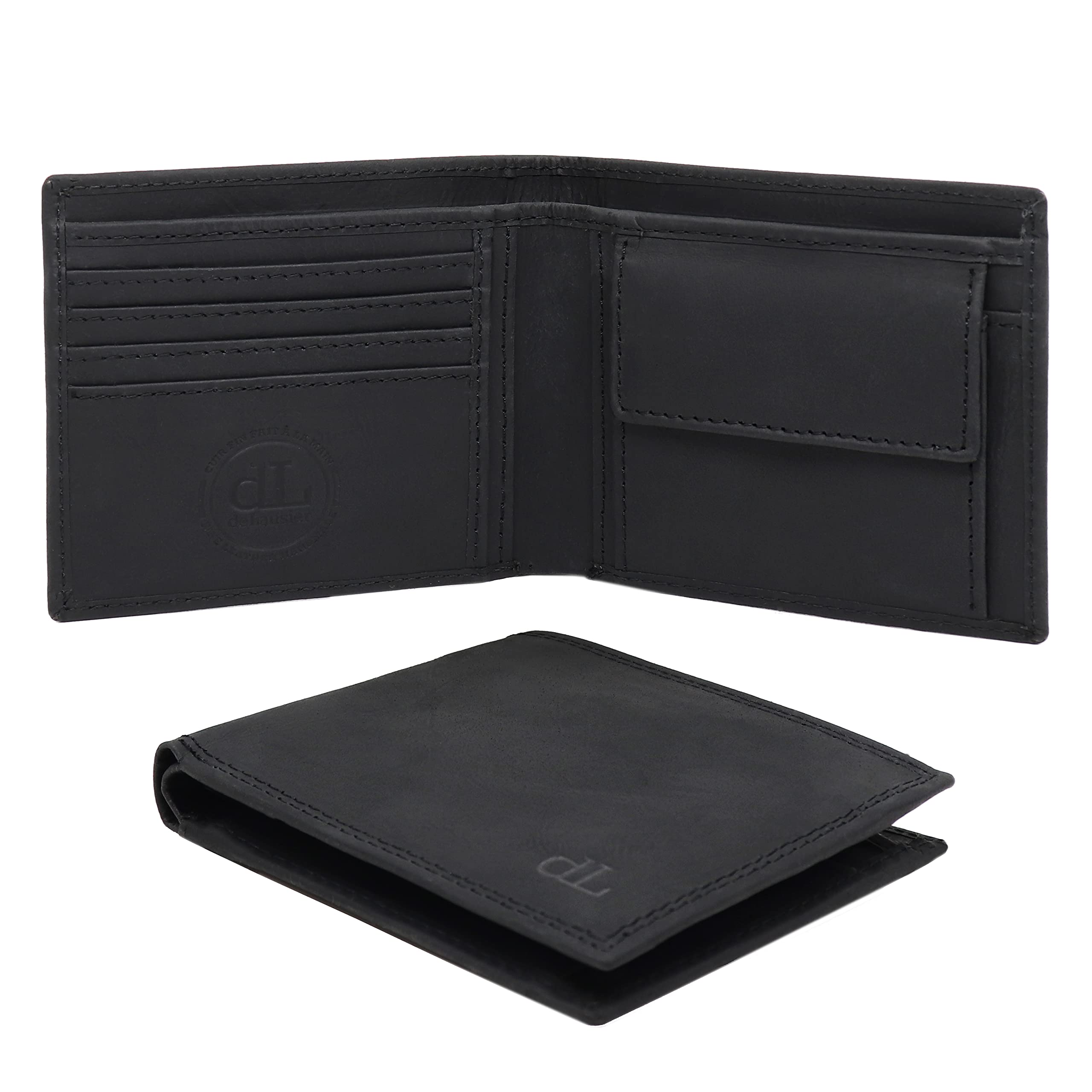deLausier La Première | Handmade Slim Mens Wallet in Fine Leather, with RFID Blocking, Coin Pocket and 7 Credit Card Holder Slots, in Wooden Gift Box (Black)
