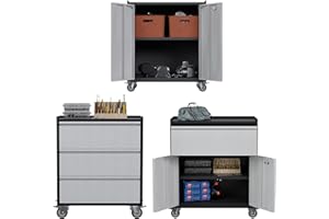 GangMei Garage Metal Storage Cabinet with Wheel for Home Garage/Adjustable Shelves, Three Cabinets