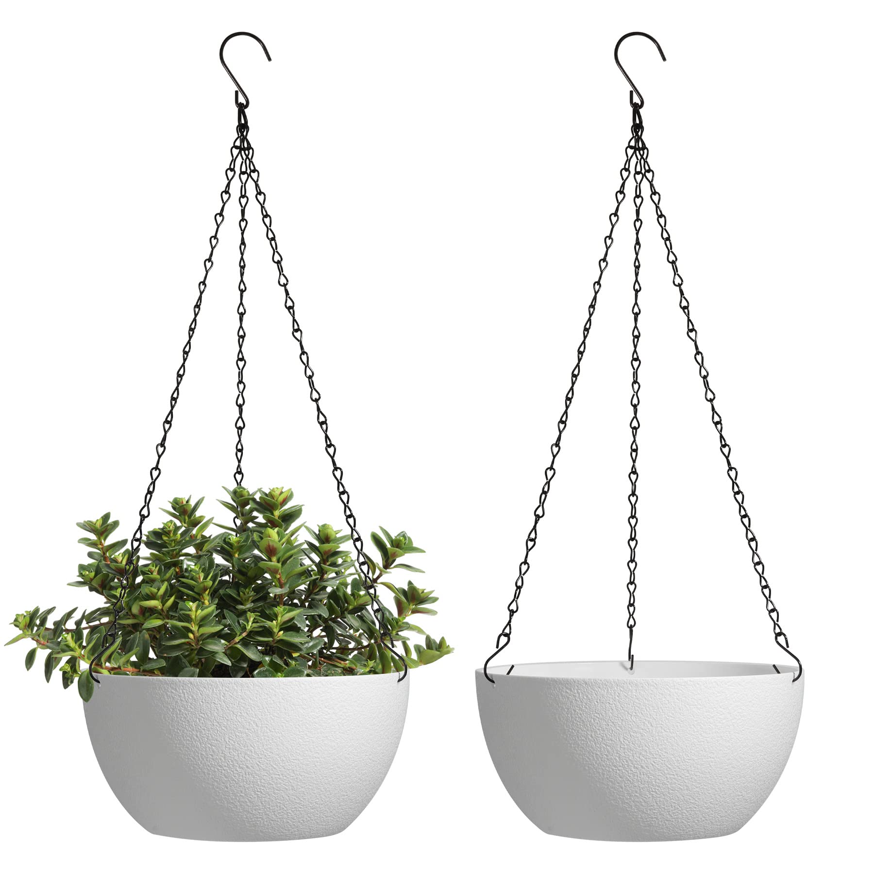 T4U 25CM (10 Inch) Hanging Plant Pots Pack of 2, White Plastic Hanging Basket Flower Holder Garden Home Decoration for Indoor Outdoor Plants, White Hanging Planter with Chain for Garden Outside