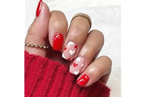 OCOUYVD Heart Press on Nails Short Square Valentines Fake Nails Petite Red Stick on Nails Full Cover False Nails with Red White Heart Designs Acrylic Nails Glossy Artificial Nails for Women Girls