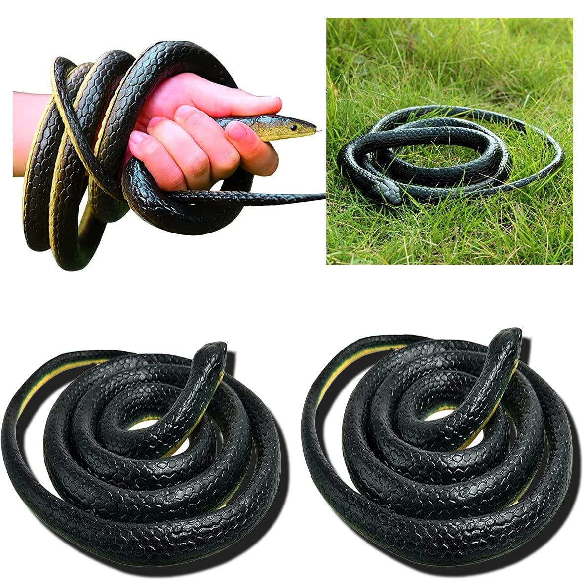 Wrzbest 2 PACK Black Fake Snakes, Large Realistic Snake model, Rubber Snake Figure for Halloween Prank Props，April Fool's Day,Scare Friends,Garden Decor