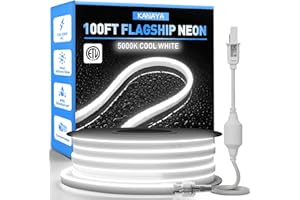 KANAYA 100ft Led Neon Rope Lights Cool White 5000K, ETL Listed 110-120V Lighting Strip IP65 Waterproof, Connectable and Cuttable, for Home Commercial Building Outdoor Indoor Decor