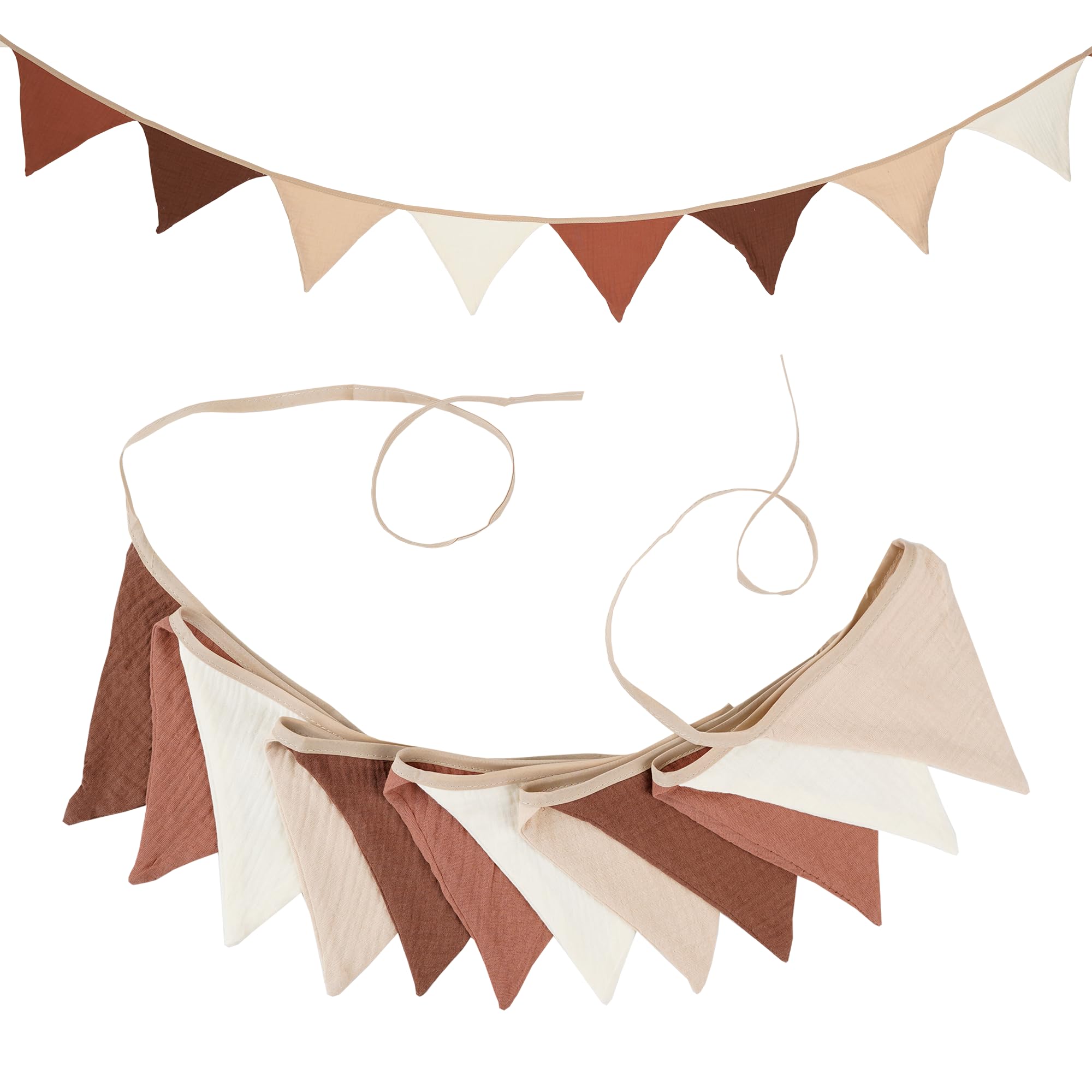 G2PLUS Muslin Fabric Bunting for Nursery: 12PCS Double Side Cloth Triangle Banner, Coffee and Beige Cotton Bunting Banner for Baby Room, Nursery, Baby Shower Decor, 2.8m