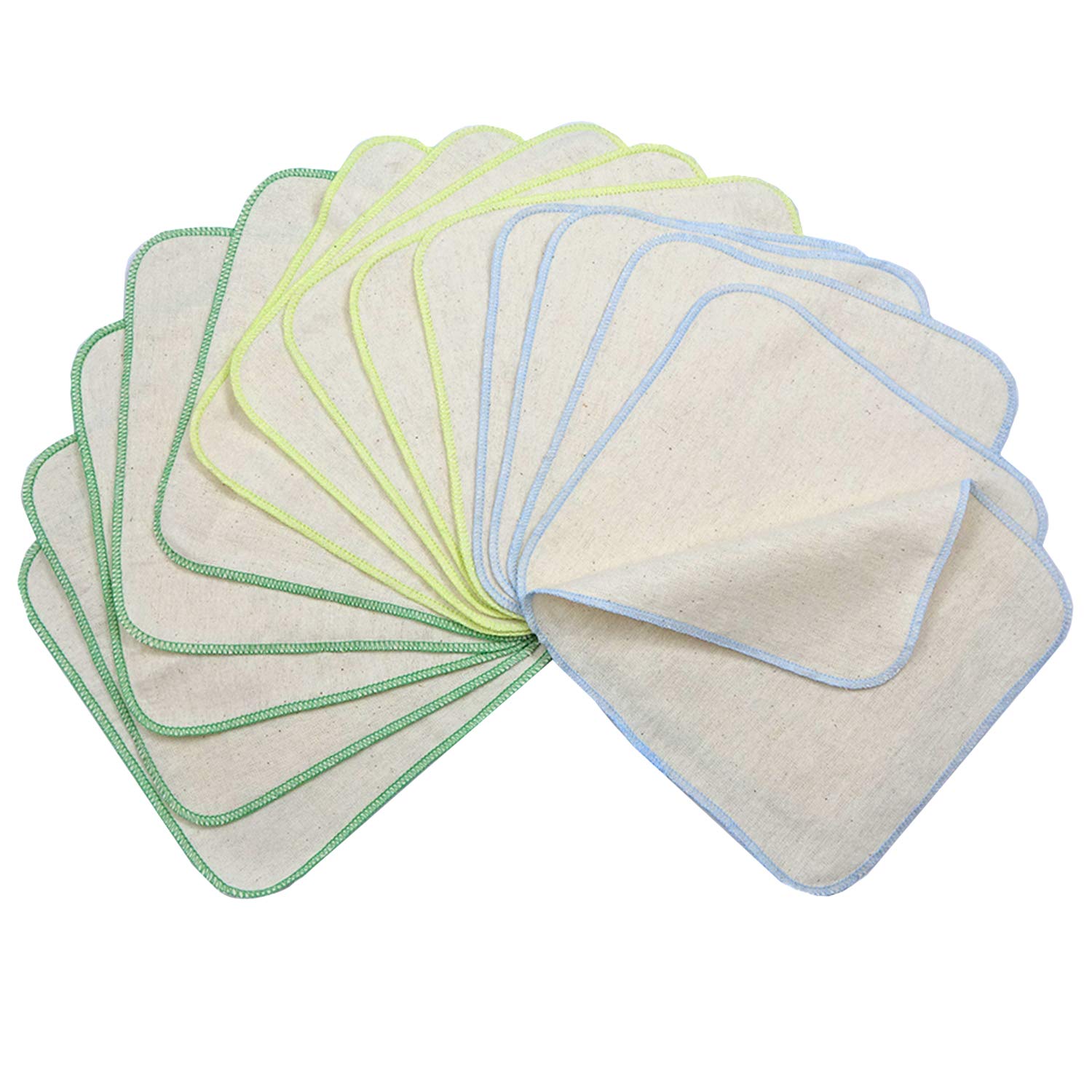 avo + cado Organic Cotton Single Layer Flannel Washcloths - Pack of 15 - Reusable Baby Washcloths to Replace Wet Wipes - Small Washable Mini Cotton Wipes (Colour: Green)