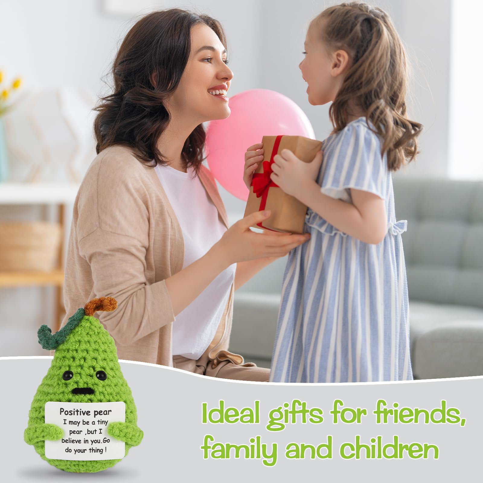 Hoedia Handmade Emotional Pickle Gift, Emotional Cucumber Crochet Doll Inspirational Gifts with Cards, Cute Knitted Funny Support Pickle Potato Friend Birthday (Positive Pear)