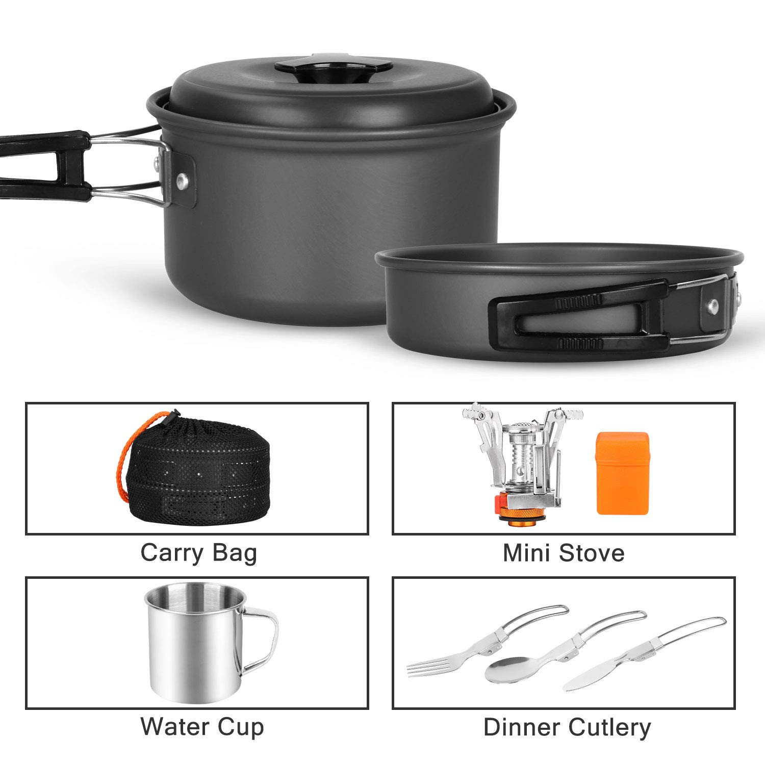 Odoland 10 pcs Camping Cookware Mess Kit Lightweight and Durable Pot Pan Bowls Sporks Set for