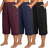 Neer 3 Pack Women Plus Size Capris Cotton Wide Leg Cropped Pants Casual Elastic Waist Loose Fit Lounge Sweatpants with Pocket