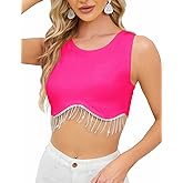 CYCLAMEN 2024 Sparkly Rhinestone Fringe Crop Tank Top Nashville Glitter Tassel Short Sleeves One Shoulder Concert Top