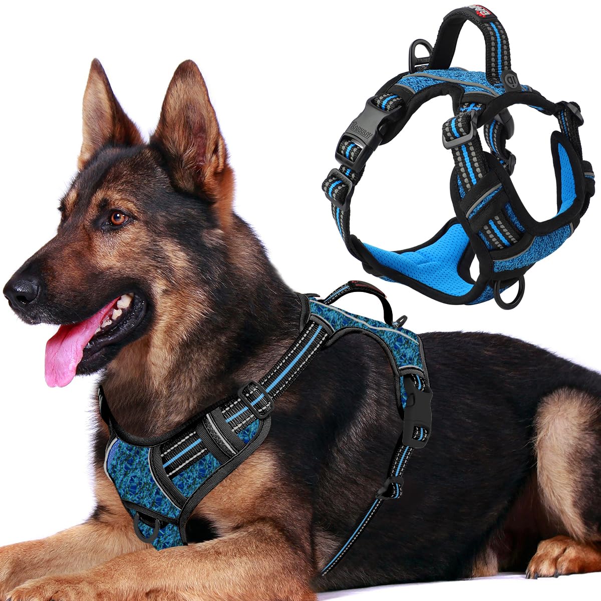 BARKBAY Dog Harness No Pull with ID Tag Pocket - Heavy Duty, Reflective, Easy Control Running Harness for Large Dogs (Blue/Black,XL)