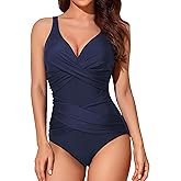 Smismivo Tummy Control Swimsuits for Women Slimming One Piece Bathing Suit Retro Ruched Push Up Vintage Padded Swimwear