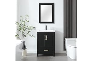 LUCKWIND 24” Bathroom Vanity with Sink, Modern Painted Bathroom Storage Cabinet with Resin Basin Sink Top, Faucet, Mirror and Drawers, Black