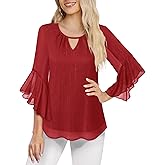 VALOLIA Women's Dressy Tops Elegant Chiffon Blouses 3/4 Ruffle Sleeve Sparkly Cocktail Tops Work Shirts Crewneck