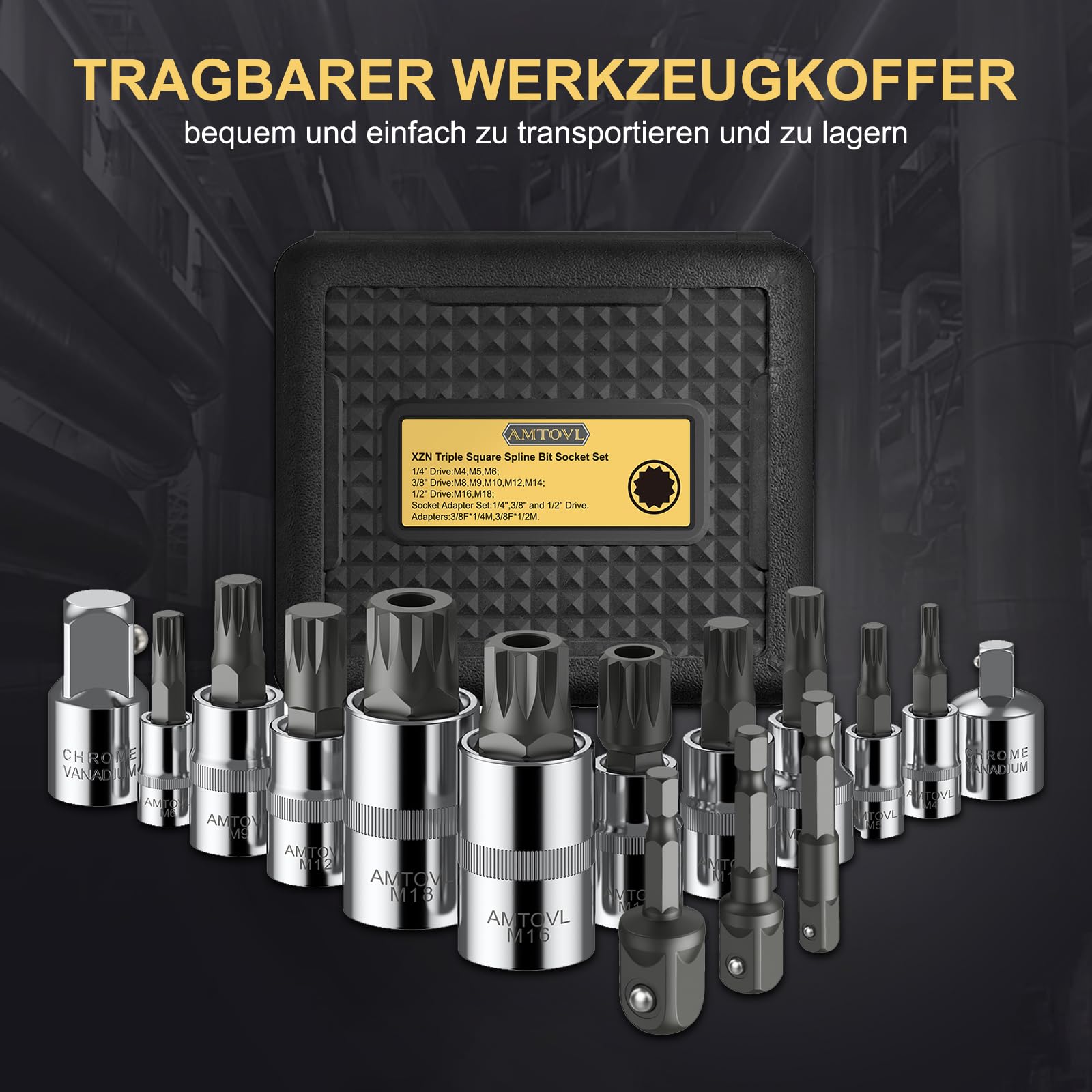 AMTOVL Innenvielzahn Nuss Satz 15 Stück XZN M4-M18 Vielzahn Nuss Set S2 Stahl Antriebs Steckschlüsselsatz Drive Größe 1/4 3/8 1/2 Zoll mit Aufbewahrungskoffer 8
