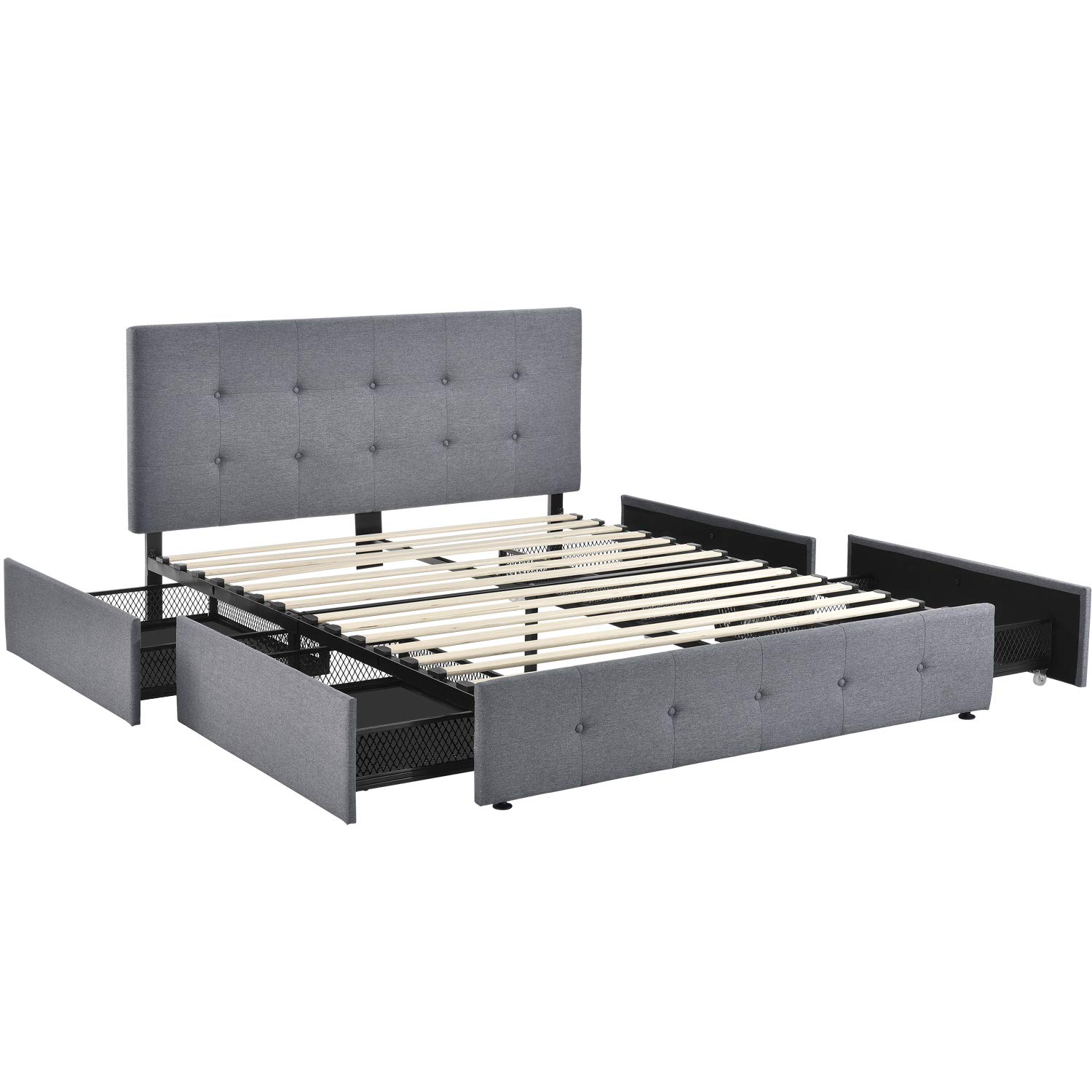 Allewie Upholstered Queen Size Storage Bed Frame with 4 Drawers and Adjustable Headboard/Mattress Foundation with Strong Wooden Slats/ Grey