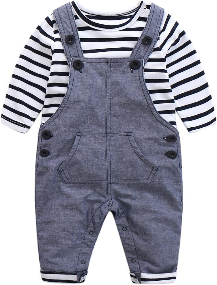 Boarnseorl Newborn Baby Boy Girl Clothes Infant Long Sleeve Suspenders Sets 2Pcs Toddler Outfit ,Blue,6 - 9 Months