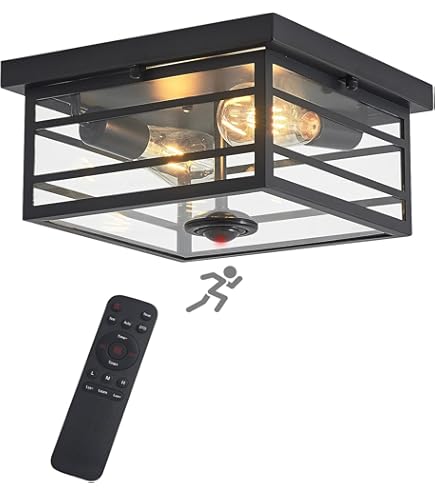 CALOKES Lámpara De Techo De Montaje Al Ras Con Sensor De Movimiento Industrial Para Exterior, Lámpara De Techo Cuadrada De Vidrio Ondulado En Agua Color Negro De 2 Luces Para Porche