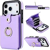 Folosu Compatible with iPhone 17 Pro Case Wallet with Card Holder, 360°Rotation Finger Ring Holder Kickstand, RFID Blocking Leather Protective Double Buttons Shockproof Cover 6.3 Inch Purple