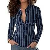 Women Button Down Shirts Striped V Neck Flared Long Sleeved Casual Y2k Preppy Blouse Trendy Lapel Slim Fit Top