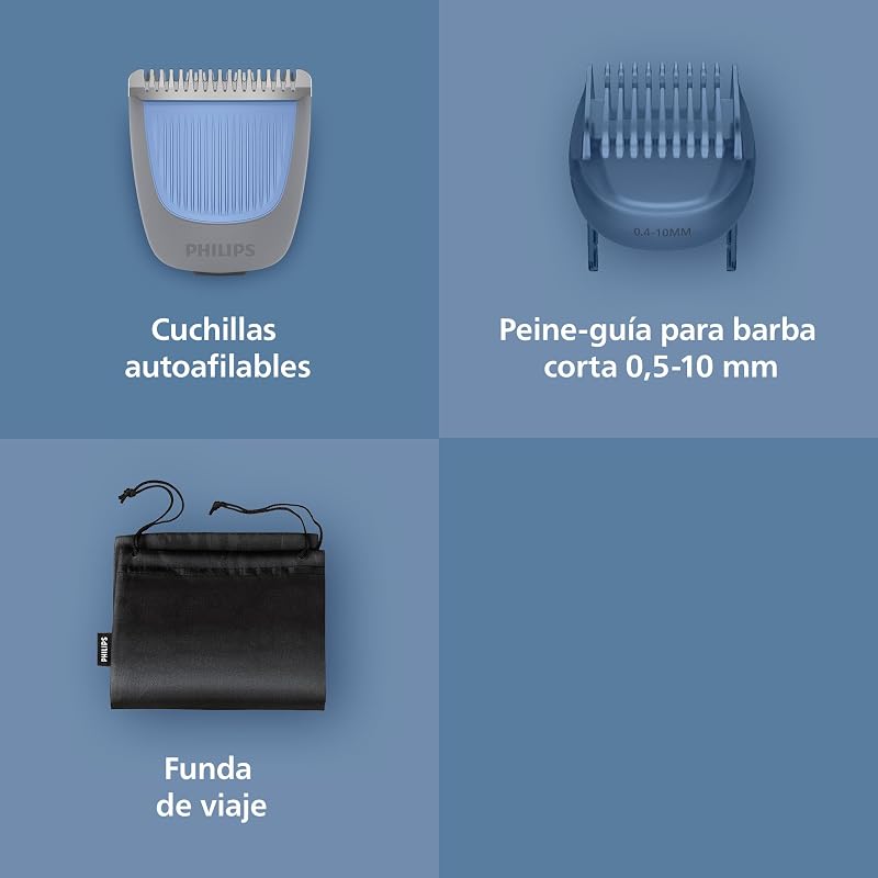 Serie 3000 - Cuchillas con puntas redondeadas, 20 posiciones ajustables, peine-guía, 100% resistente al agua, indicador de batería, carga USB, funda, modelo BT3619/15