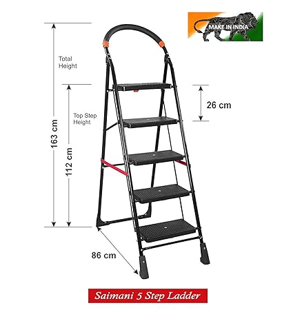 Saimani Folding Ladder with Wide Steps Black Cameo 5 Steps 5.1 FT Ladder (Lifetime Warranty*Made in India)