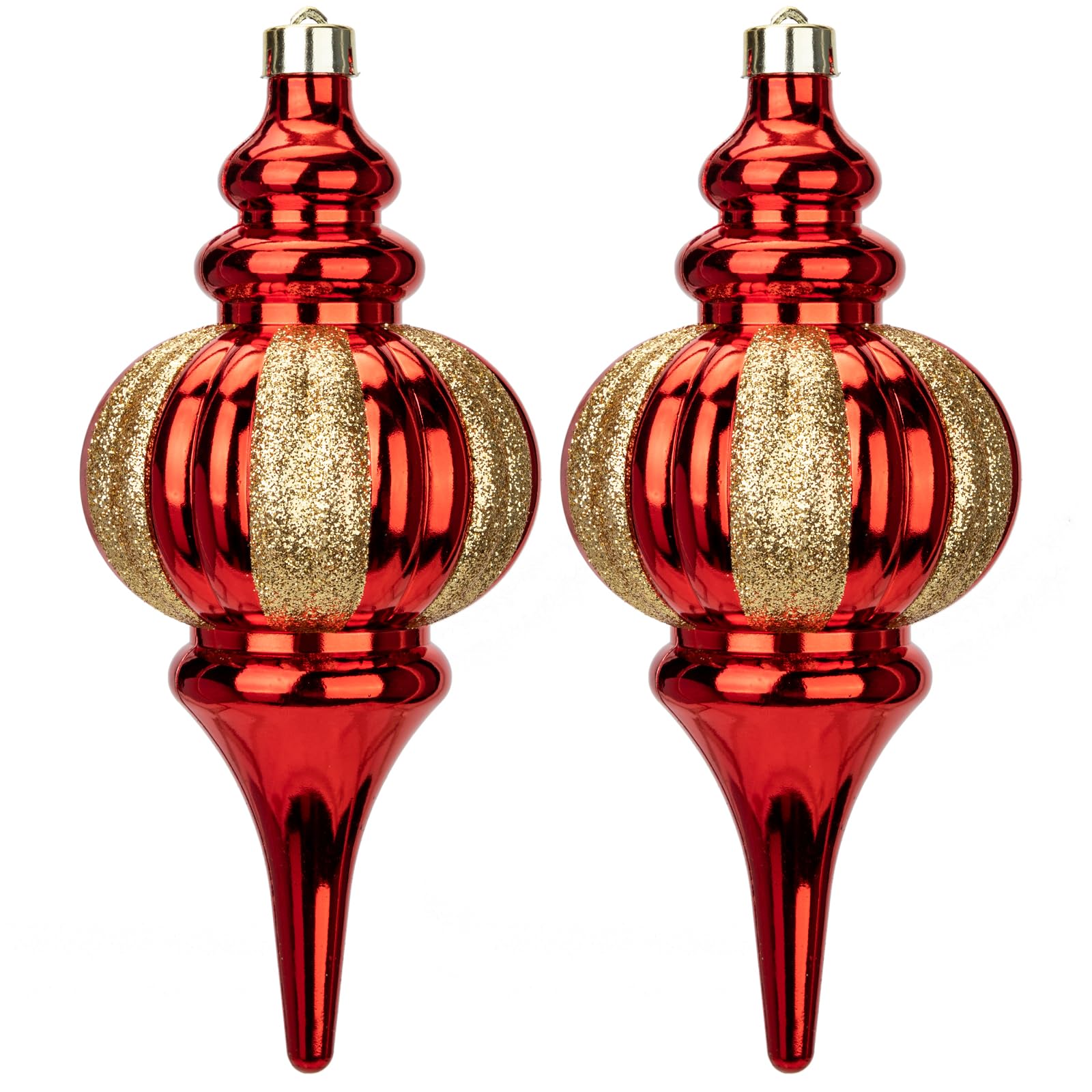 Hollyone 26x11cm Large Christmas Finial Bauble, 2PCS Red & Gold Xmas Ball for Christmas Tree Decorations, Glittery Stripe Baubles Giant Hanging Ornaments for Tree Decor, Wedding, Party, Wreath