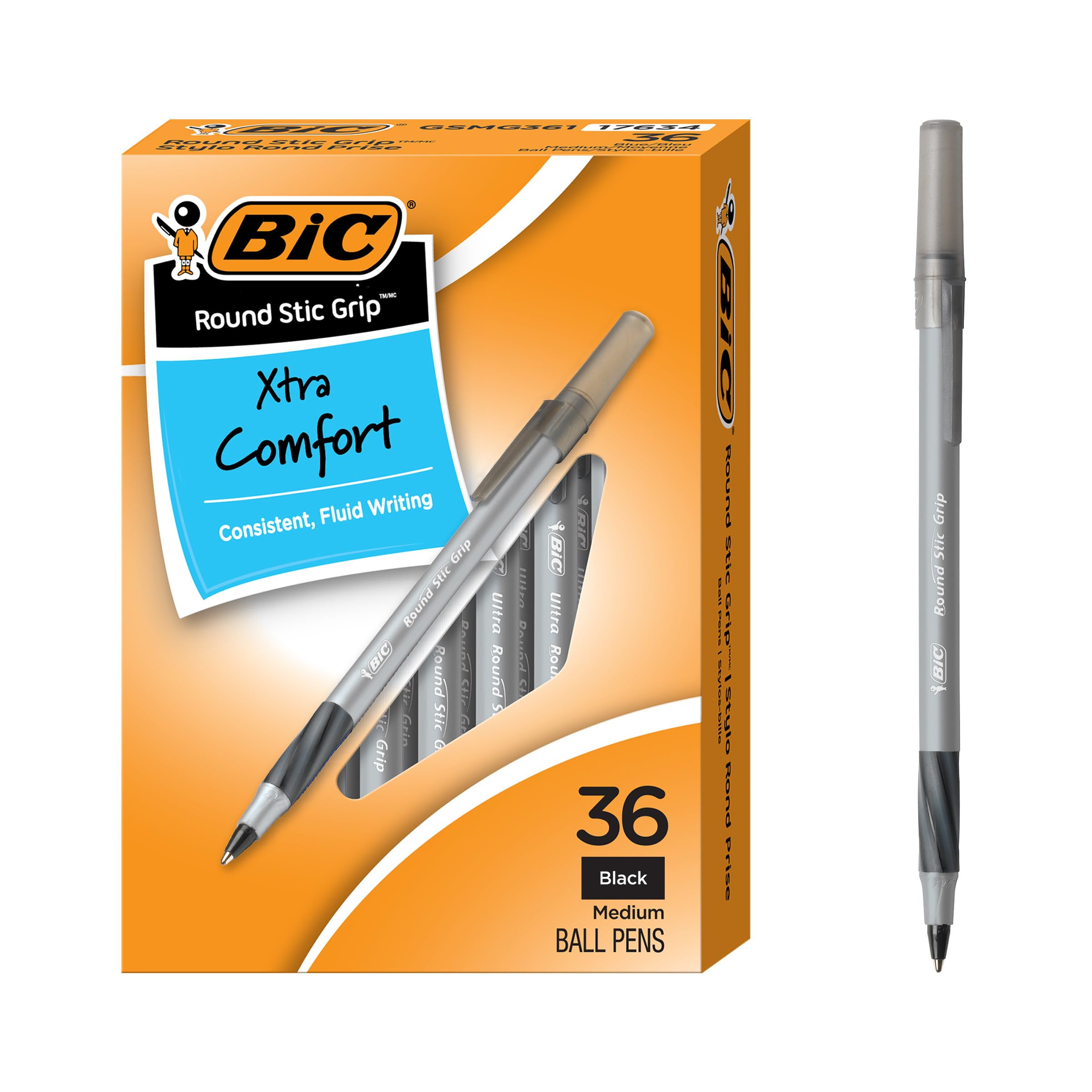 BIC Round Stic Grip Xtra Comfort Black Ballpoint Pens, 36-Count Pack
