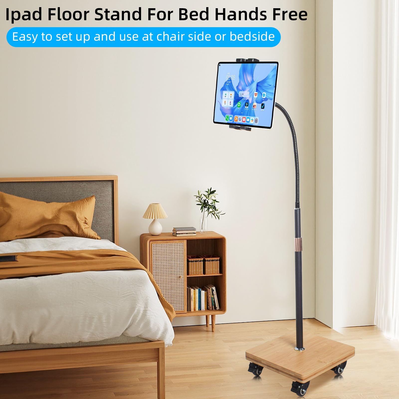 Ipad Stand Floor with Wheels,Adjustable Height Tablet Floor Stand for Bed,Gooseneck Tablet