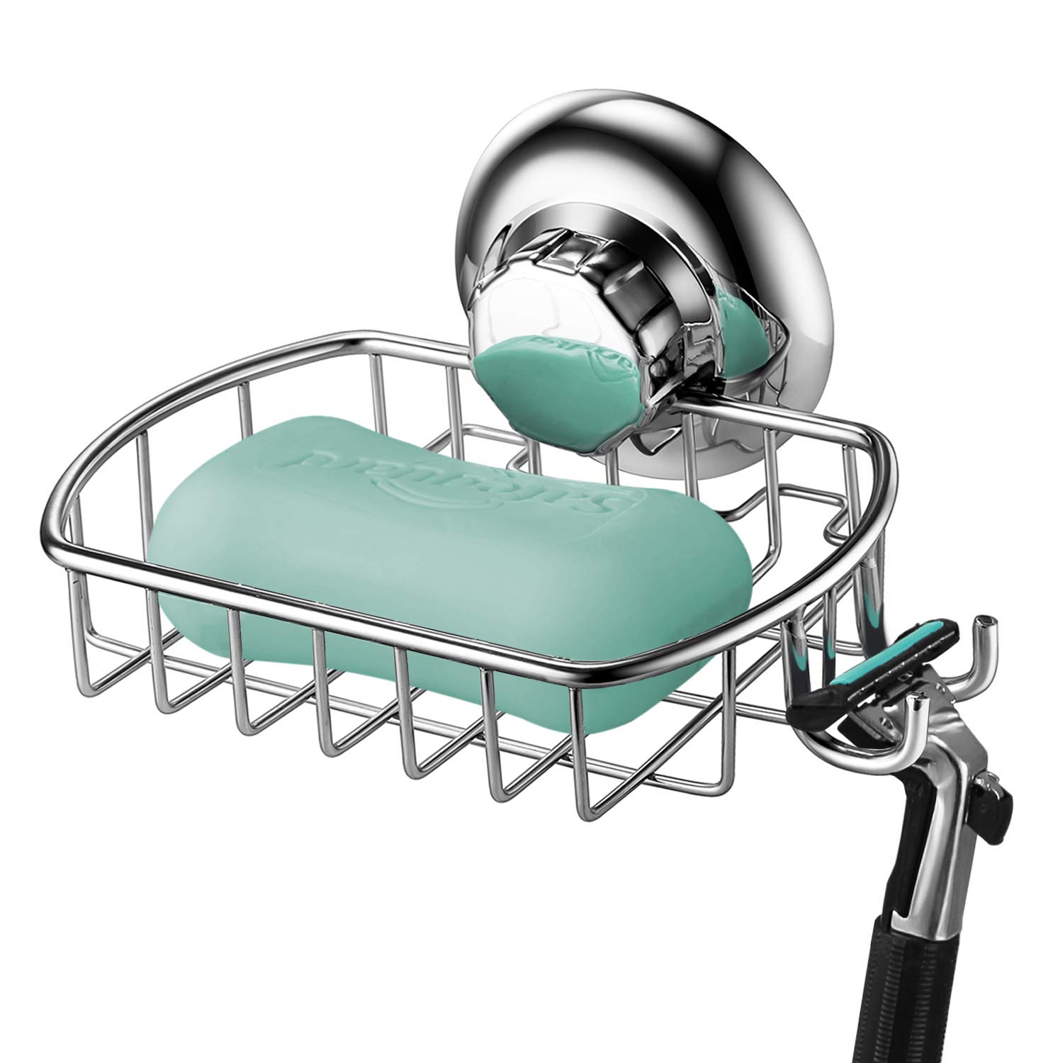 MaxHold No-Drilling/suction Cup Soap Basket - Soap Dish Holder with Hook- Vaccum System - Stainless Steel - Sponge Holder for Bathroom & Kitchen