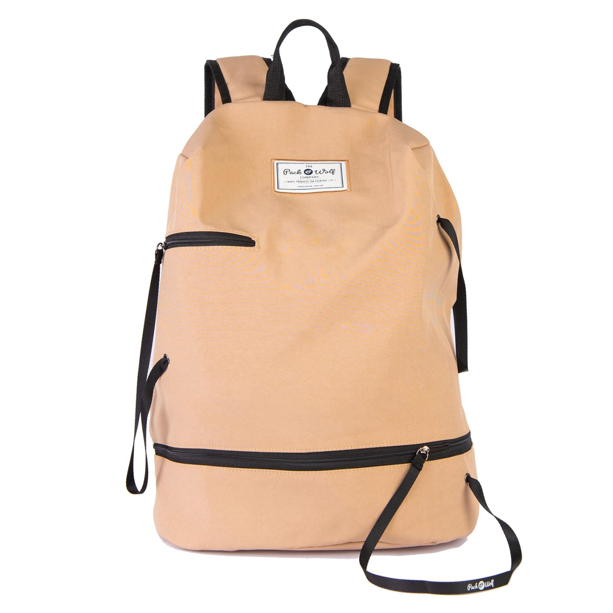 The Pack Wolf Company - The Zippy Backpack, Casual Daypacks, Sturdy & Stylish Backpack for School, Travel Bag or School Bag with Side-Opening Main Compartment and Wide Front Pocket, Camel
