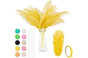 VONMXVTE Ostrich Feathers Bulk - Ostrich Feathers 12Pcs 12-14inch Large Boho Feathers ，Gold Feathers for vase，Wedding Party Centerpieces and Home Decorations (Yellow Colour)