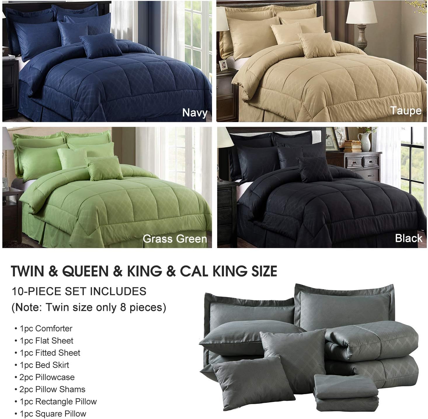 JML Comforter Set, 10 Piece Microfiber Bedding Comforter Sets with Shams - Luxury Solid Color Quilted Embroidered Pattern, Perfect for Any Bed Room or Guest Room (Grey, Cal King): Home & Kitchen